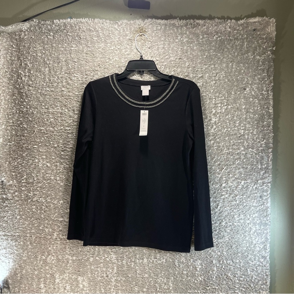 Chico's Beaded Neck Ribbed Long Sleeve Tee Women's Size 1,‎ Medium Black NWT